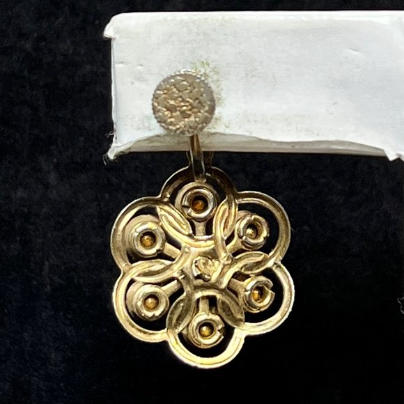 Vintage Coro Gold Tone & Blue Rhinestone Flowe Screw Back Dangle Earrings (3521) - Picture 4 of 5